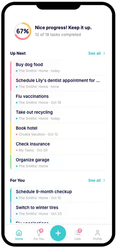 Prenta home dashboard with progress tracking and task lists