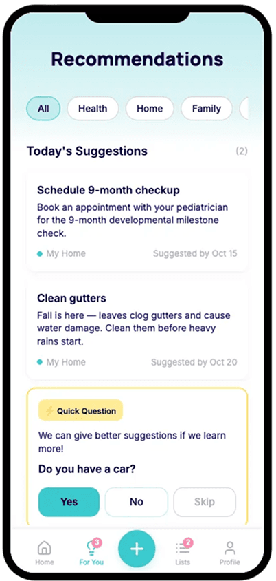 Prenta recommendations screen with smart suggestions and quick questions
