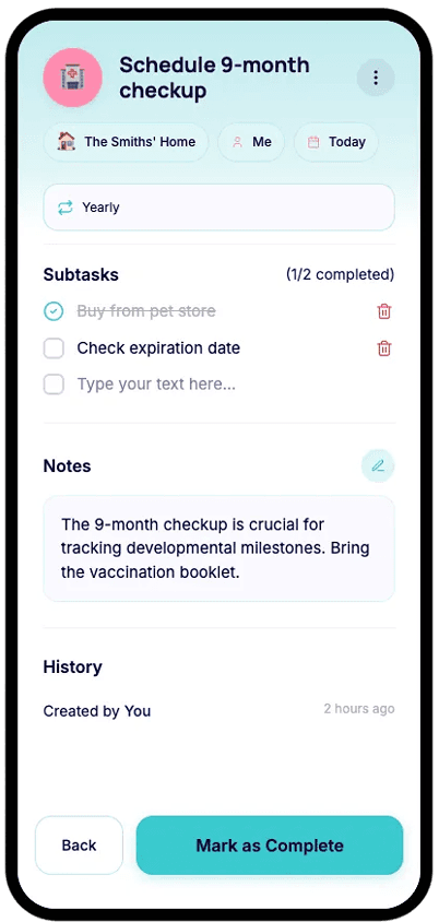 Prenta task detail screen showing subtasks, notes, and completion