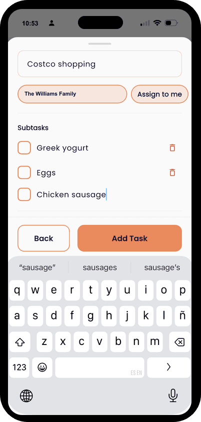 Prenta manual task creation screen with subtasks and household tag